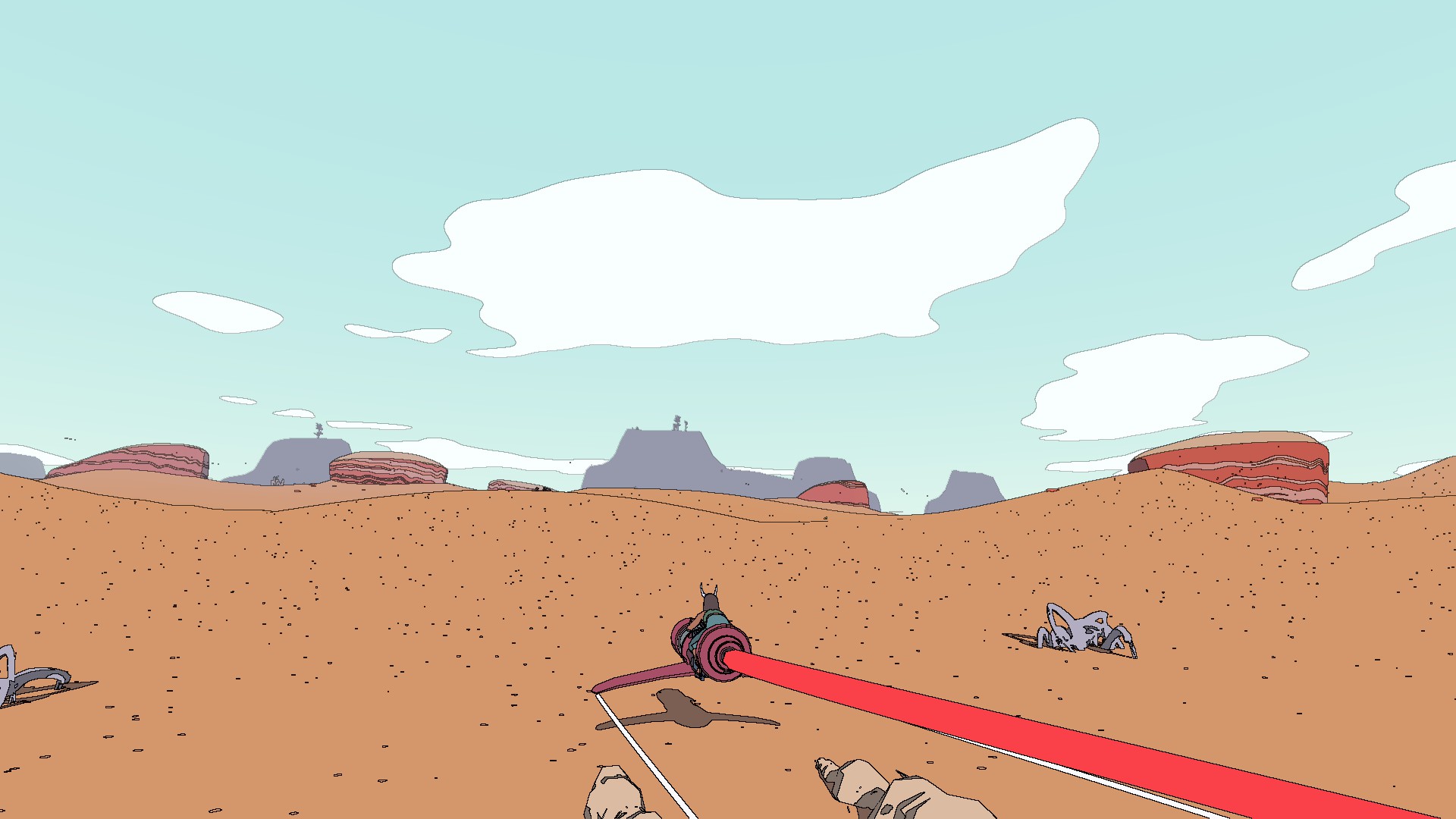 Sable sits atop Simoon in the foreground, the desert expanse surrounding her