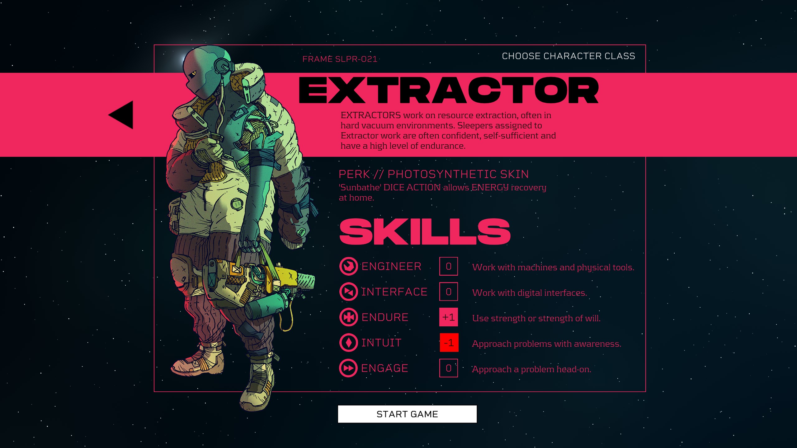 Character selection screen for Citizen Sleeper. The current class selected is the Extractor.